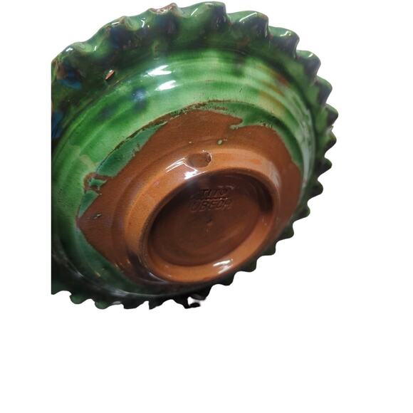 Vintage Mid Century Incised Carved Handmade Tito Ubeda Pottery Dish Green 9" - Picture 7 of 10